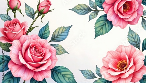 Intricate watercolor rose pattern, pastel hues, soft, invite