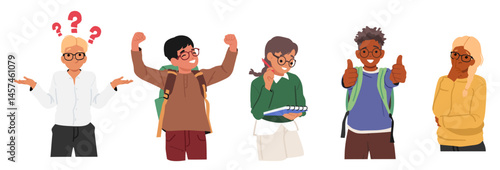 Nerd boys girls cartoon geek student characters in eyeglasses feeling pensive or happy isolated set