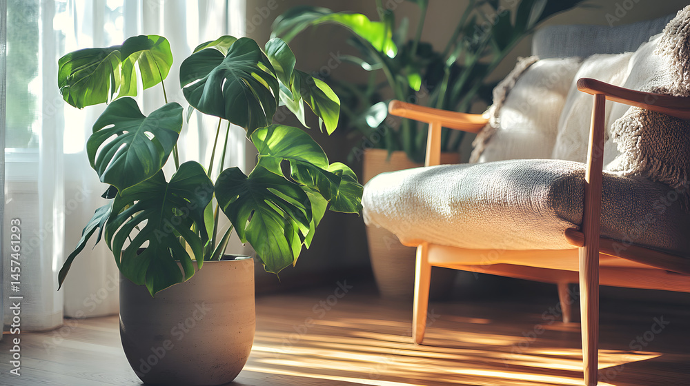 Fototapeta premium Indoor Monstera Plant: A sun-drenched living room showcases the vibrant Monstera plant, its lush green leaves illuminated by natural light, harmonizing with a cozy armchair and minimalist decor.