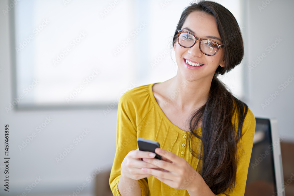 Creative, girl and portrait with smartphone in office for communication, networking and texting on social media. Woman, designer and technology for research on project, internet and task for company. Creative, girl and portrait with smartphone in office for communication, networking and texting on social media. Woman, designer and technology for research on project, internet and task for company.