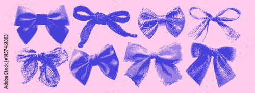 Pixel Art in  Vintage Bows Set on Pink Background, Retro Halftone Style