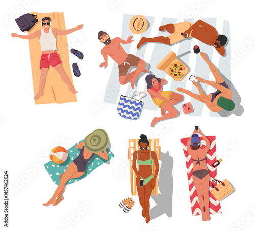 People rest on beach enjoying sunbathing lazy summer time activity on tropical resort on vacation
