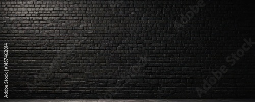 Deep black brick wall, uneven mortar, distressed surface, moody lighting , masonry, damaged