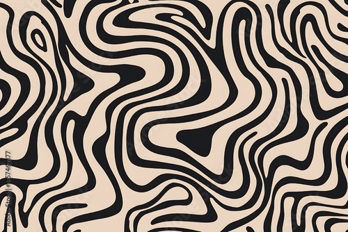 Abstract seamless zebra pattern features bold black waves and lines for a retro textile design