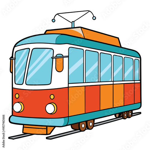 Cartoon Illustration Of A Traditional Tram In Orange And Blue On White