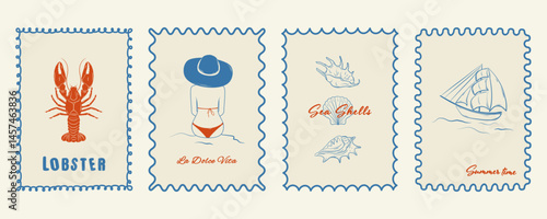 Vintage hand-drawn Italian postcards in Amalfi style. Includes lobster, woman on beach, sailboat, seashells. Perfect for travel posters, summer packaging, fabric, and branding. Vector illustration
