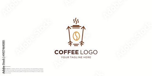 coffee cup logo design with geometry line style arrows concept.