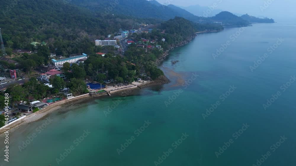 Koh Chang's White Sand Village Beachfront. Stunning aerial view flight drone Koh Chang's White Sand Village Beachfront. Stunning aerial view flight drone