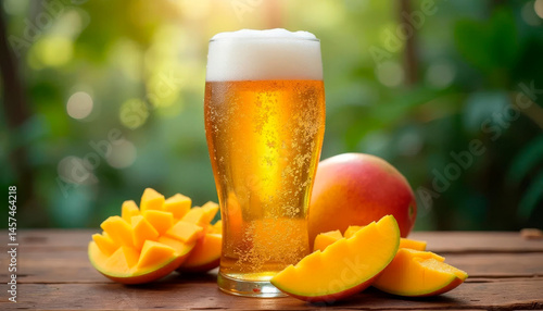 refreshing mango beer in chilled glass with golden-amber hue, frothy head, and condensation with fresh mango slices with  natural tropical background