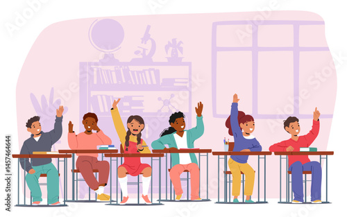 Children student characters raising hands up while sitting in classroom at school cartoon scene