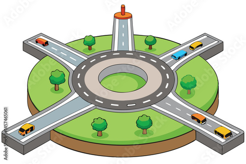 Isometric Cartoon Roundabout Illustration With Cars And Trees For Traffic Concept