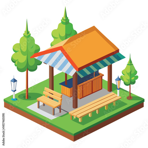Isometric Park Scene With Pavilion Benches And Trees On A Green Lawn