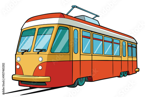 Red And Yellow Cartoon Tram Isolated On White Background Transportation Illustration
