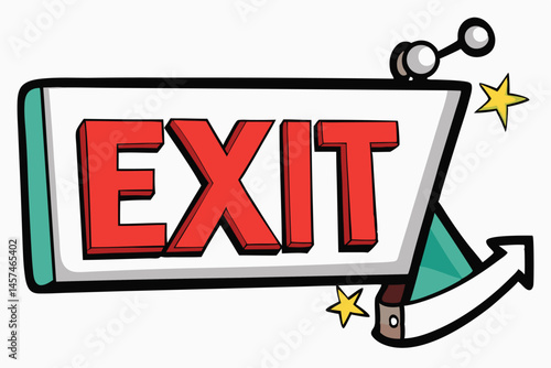 Retro Exit Sign With Arrow And Stars Cartoon Graphic Illustration