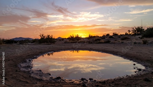 Wallpaper Mural Sunset reflects vividly in a desert puddle, illuminating sparse vegetation against a backdrop of distant, hazy mountains. Torontodigital.ca