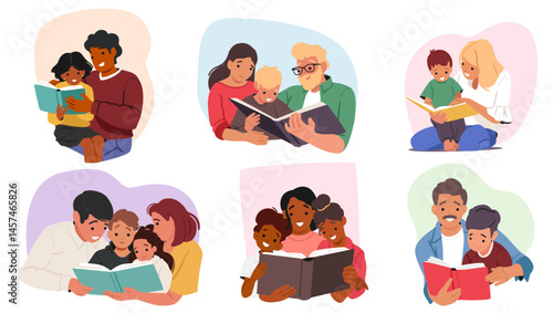 Happy family reading together spending time at home during cozy evening before bedtime set