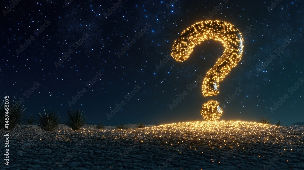 Fototapeta premium Glowing question mark under starry sky