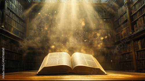 Open antique book with magical golden particles in library setting