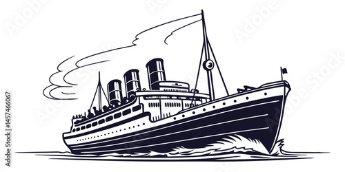 Vector Illustration Of Cruise Ship Sailing On Water Vintage Monochrome Style