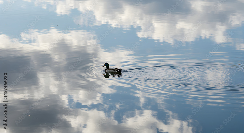 Fototapeta premium Mallard Duck Swimming Calmly Reflection Sky Clouds Clear Water