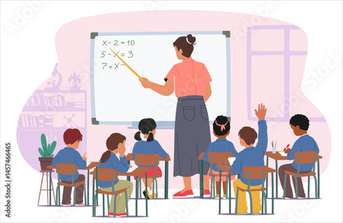 Children class with teacher at blackboard cartoon scene showcasing education process in school