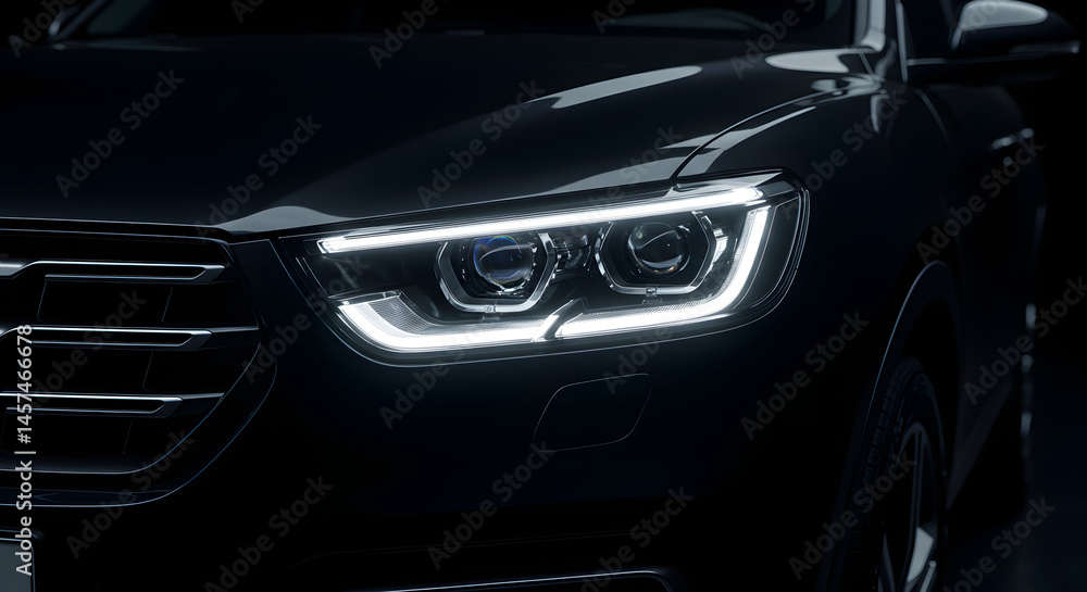 Detailed Dark Car Front Headlight with Bright Led Lights Automotive Industry Modern Design and Luxurious Look on Black Background Detailed Dark Car Front Headlight with Bright Led Lights Automotive Industry Modern Design and Luxurious Look on Black Background