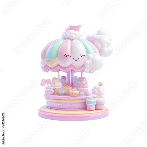 Whimsical Pastel Candy Carousel with Cloud Parasol - 3D Render