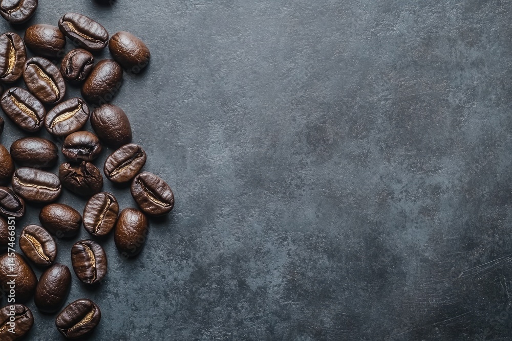 Roasted coffee beans scattered on a dark gray surface. Close-up view, highlighting the rich brown color and texture of the beans, with ample space for text or design Roasted coffee beans scattered on a dark gray surface. Close-up view, highlighting the rich brown color and texture of the beans, with ample space for text or design