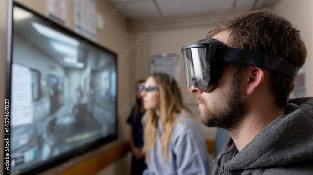 Young male in casual attire experiencing virtual reality, adjusting vr headset and moving hands while exploring immersive digital environment surrounded by researchers in lab coats