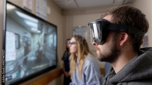 Obraz na płótnie Young male in casual attire experiencing virtual reality, adjusting vr headset and moving hands while exploring immersive digital environment surrounded by researchers in lab coats w salonie