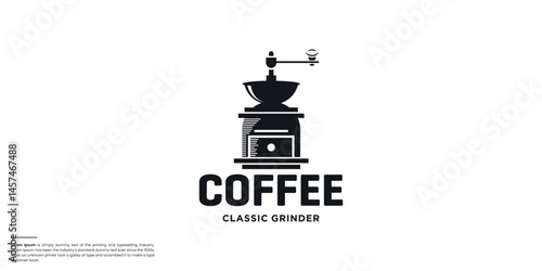 Vector logo for coffee shop with coffee grinder. Emblem for coffee production or coffee shop.