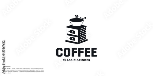 Vector logo for coffee shop with coffee grinder. Emblem for coffee production or coffee shop.
