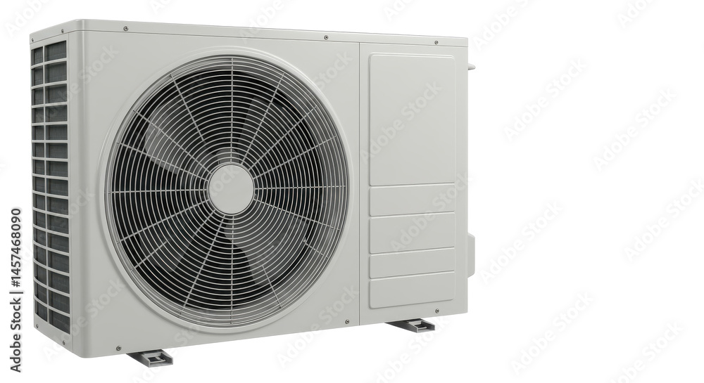 A close up view of a white air conditioning unit with a black fan against a neutral background wall space A close up view of a white air conditioning unit with a black fan against a neutral background wall space