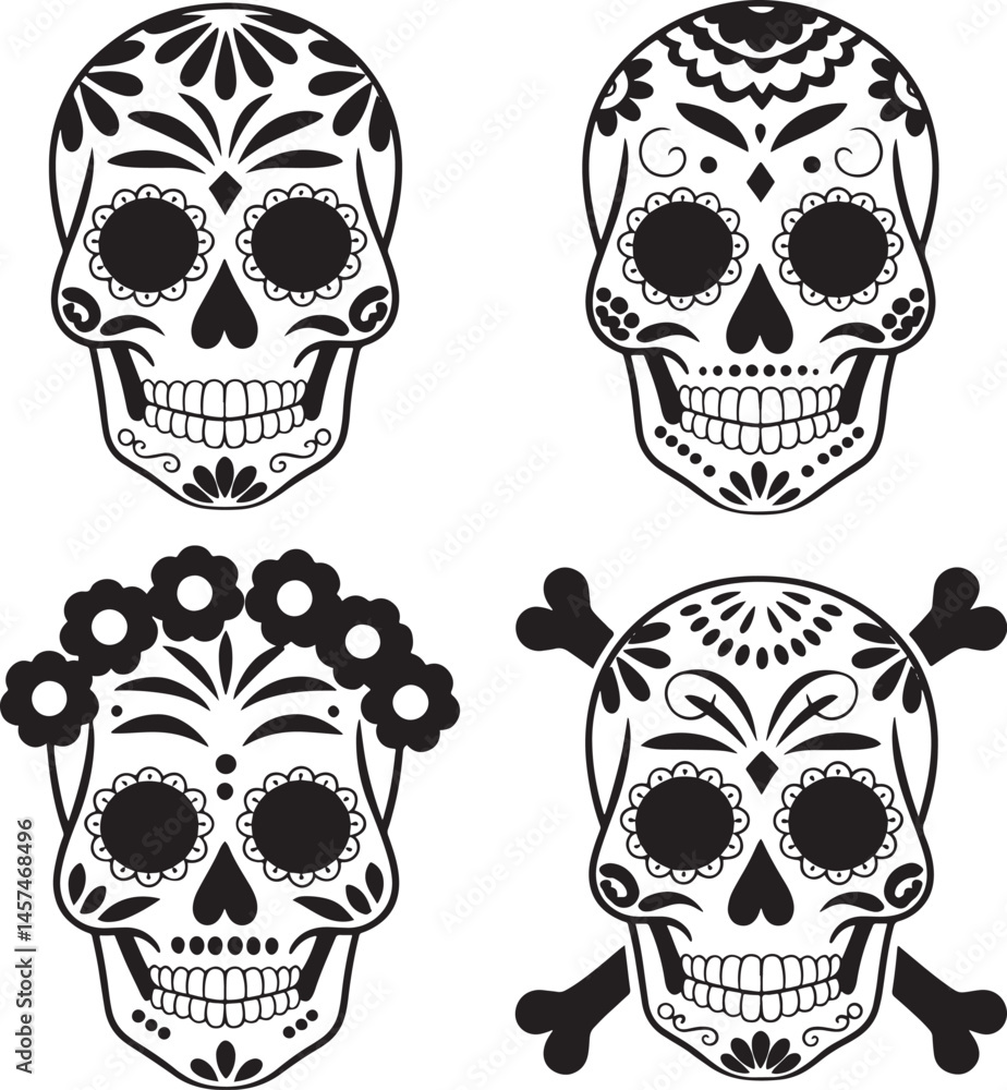 Obraz premium Day of the Dead mask silhouette set vector illustration isolated On Transparent Background