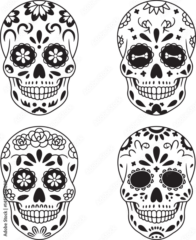 Obraz premium Day of the Dead mask silhouette set vector illustration isolated On Transparent Background