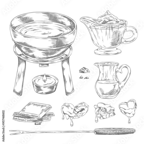 Monochrome sketch of a set with a fondue pot, fork, chocolate, milk jug, and fruit pieces.