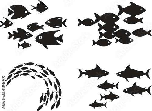 School of fish silhouette underwater flow set ,Shoal of fish. Tropical sea group of herring and salmon, swim in group and school underwater