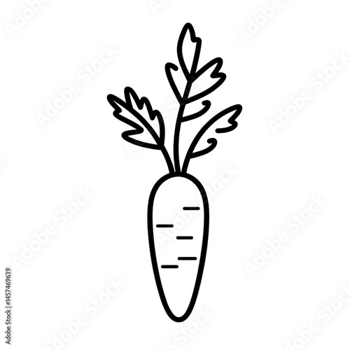 Black Line Outline Icon of Carrot with Leaves, Minimalist Flat Design