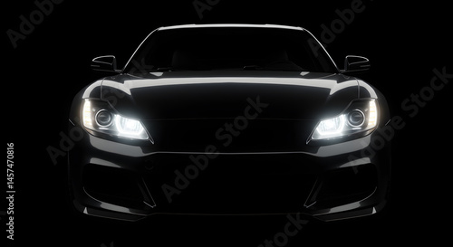 Front View of a Sleek Black Car with Glowing Headlights on a Dark Background Showcasing its Modern Automotive Design