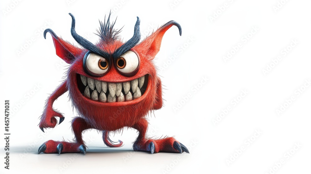 A funny, caricatured devil with large, expressive eyes, sharp pointed tail, and a playful stance, all set against a stark white background A funny, caricatured devil with large, expressive eyes, sharp pointed tail, and a playful stance, all set against a stark white background