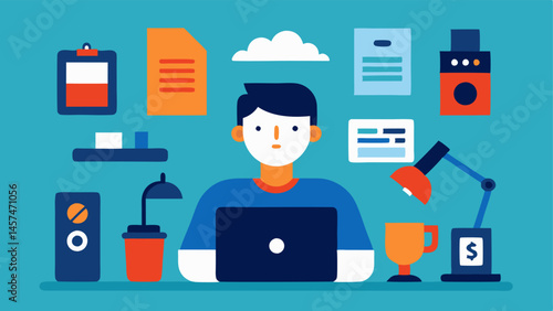 Home Office Setup A criminal sits at a cluttered desk crafting a fake passport with various tools like a printer scissors and ID templates tered around.