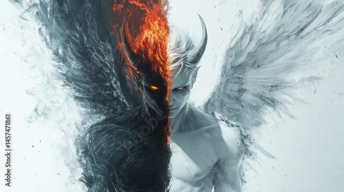 A dual creature, one side dark and intimidating with devil horns and a fiery appearance, the other side light and divine with angel wings and a calm expression, on a minimal white background