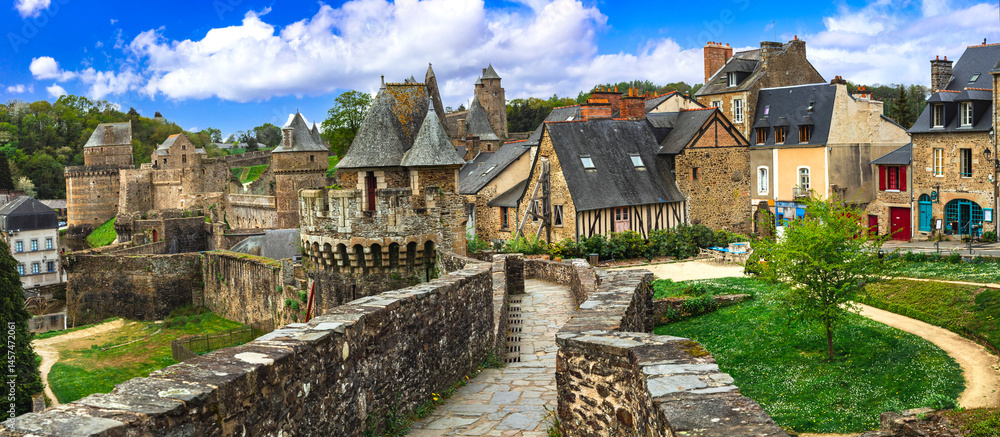 France travel . best scenic villages and castles in Brittany. Impressive medieval fortress Fougeres , view of ramparts and towers. One of the most beautiful french villages