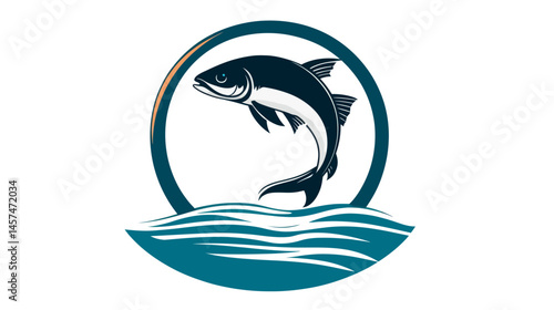 The image presents a modern, dynamic representation of a fish in mid-leap, captured against a clean white background, emphasizing its graceful, fluid movement