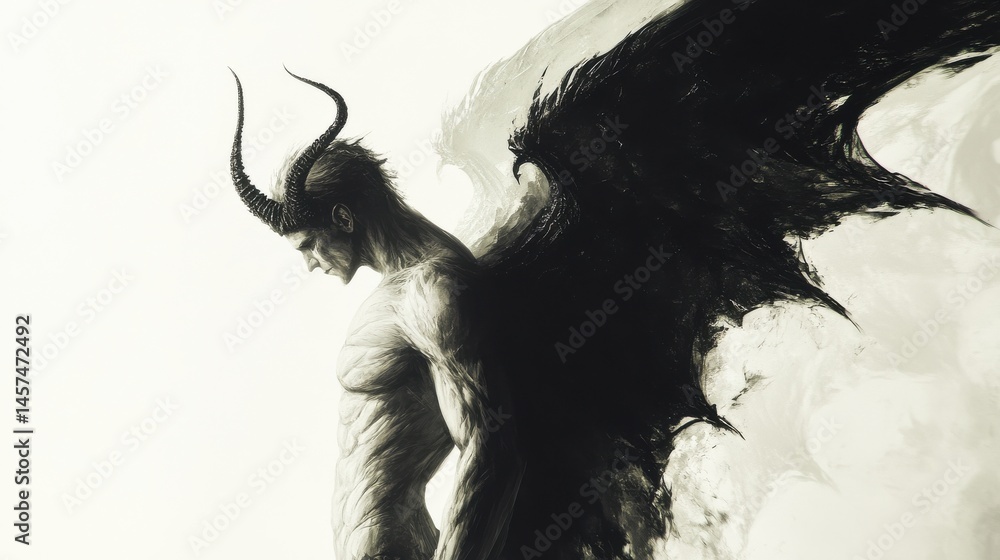 Fototapeta premium A dual creature, one side dark and intimidating with devil horns and a fiery appearance, the other side light and divine with angel wings and a calm expression, on a minimal white background