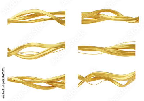 Gold twisted ribbons, abstract intertwined wave shapes, horizontal curvy metal lines luxury background 3D vector set