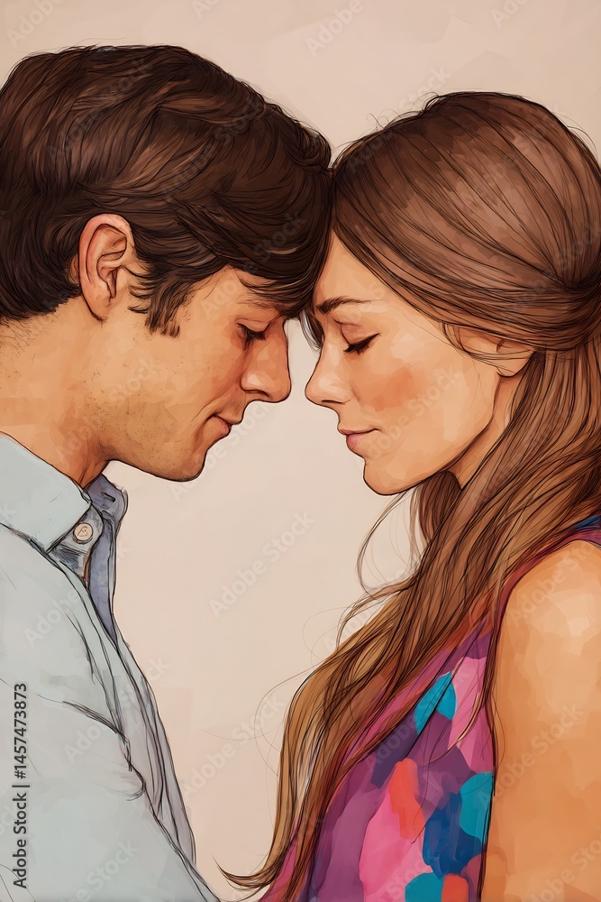 Naklejka premium Couple gently touching cheeks, pastel lemon background