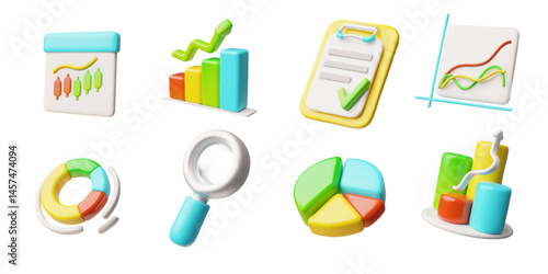 3D vector set, with different shaped graphs, magnifying glass, checklist. Financial analysis.