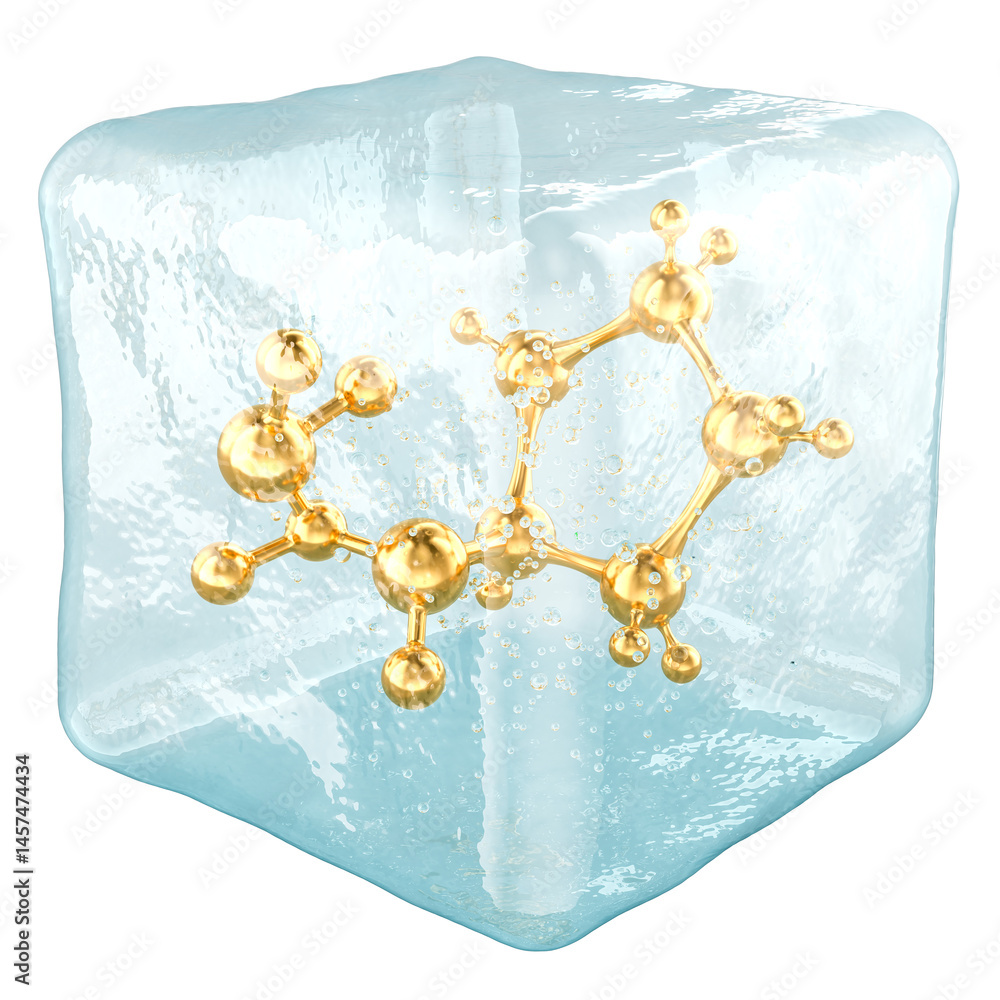 Molecule frozen in ice cube, 3D rendering isolated on transparent background