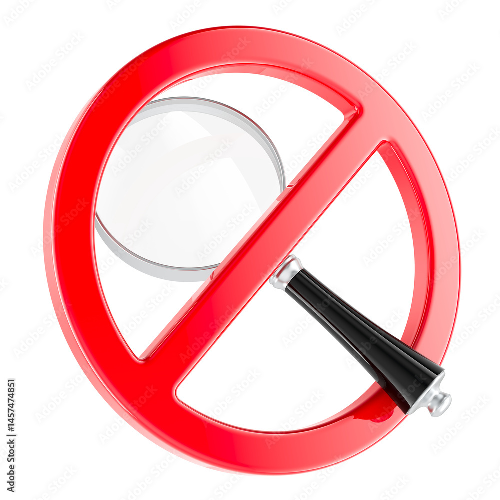 Prohibition symbol with loupe. 3D rendering isolated on transparent background